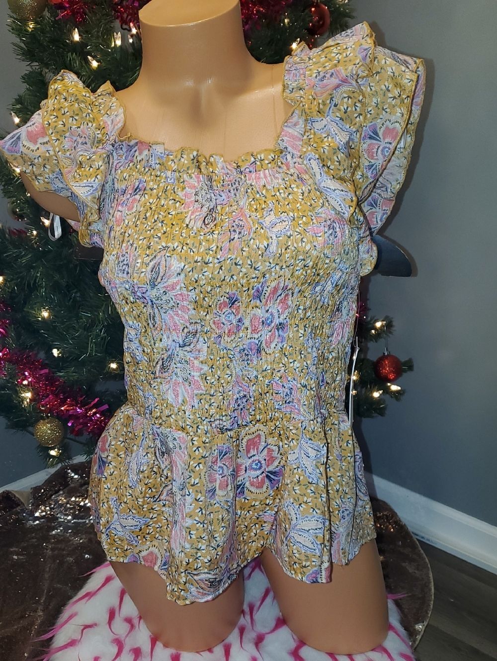 Nanette Lepore Mustard Floral Smocked Ruffle Peplum Top NWT